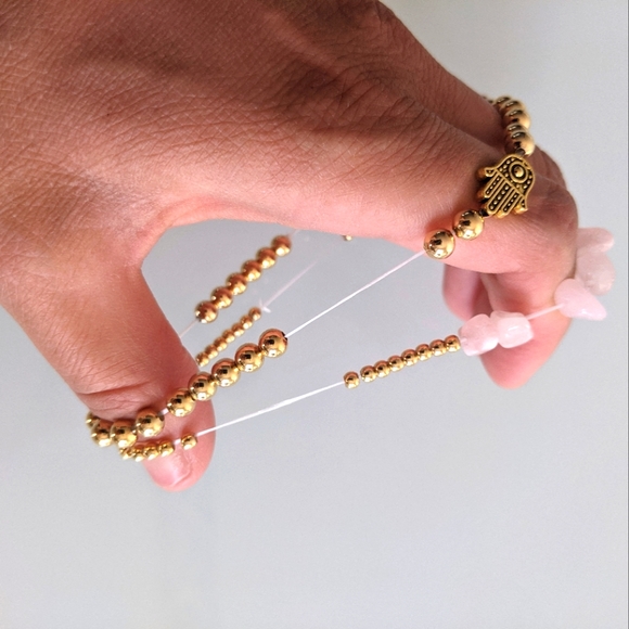 2 Bracelets natural rose stones , gold plated beads and Hasma stackable - Picture 10 of 10